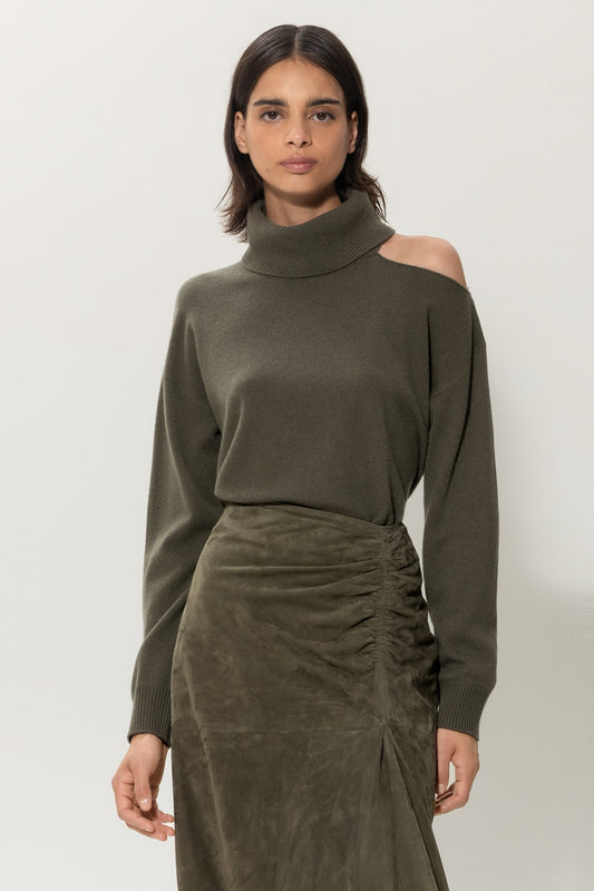 Knitted Sweater with a Cut-out on the Left Shoulder