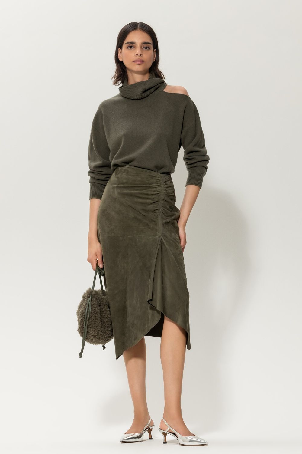 Suede Midi Skirt with Ruffles